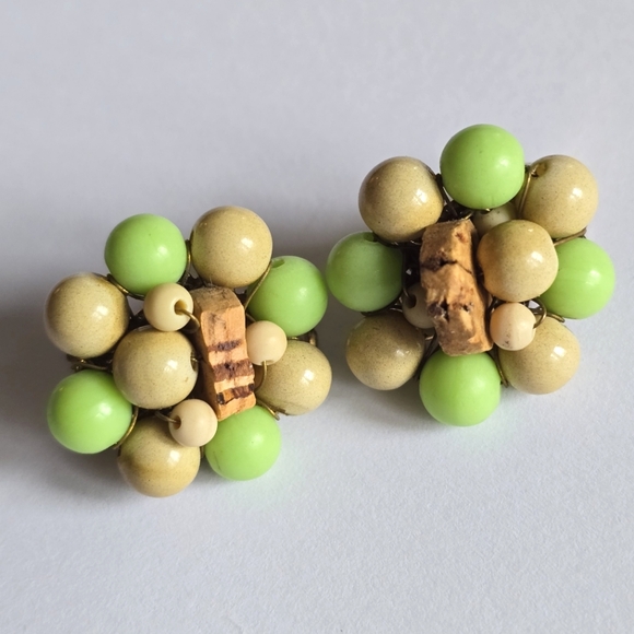 Vintage Green and Beige Cluster Earrings - Picture 1 of 6